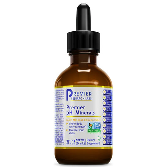 A 2 fl oz amber glass dropper bottle of Premier Research Labs Premier pH Minerals dietary supplement, featuring a black dropper cap and a white, blue, and yellow label.