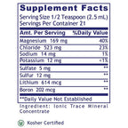 A Supplement Facts label showing a mineral supplement nutrition table with magnesium, chloride, sodium, potassium, sulfate, sulfur, lithium, and boron listed with daily value percentages. Kosher Certified text appears at the bottom.