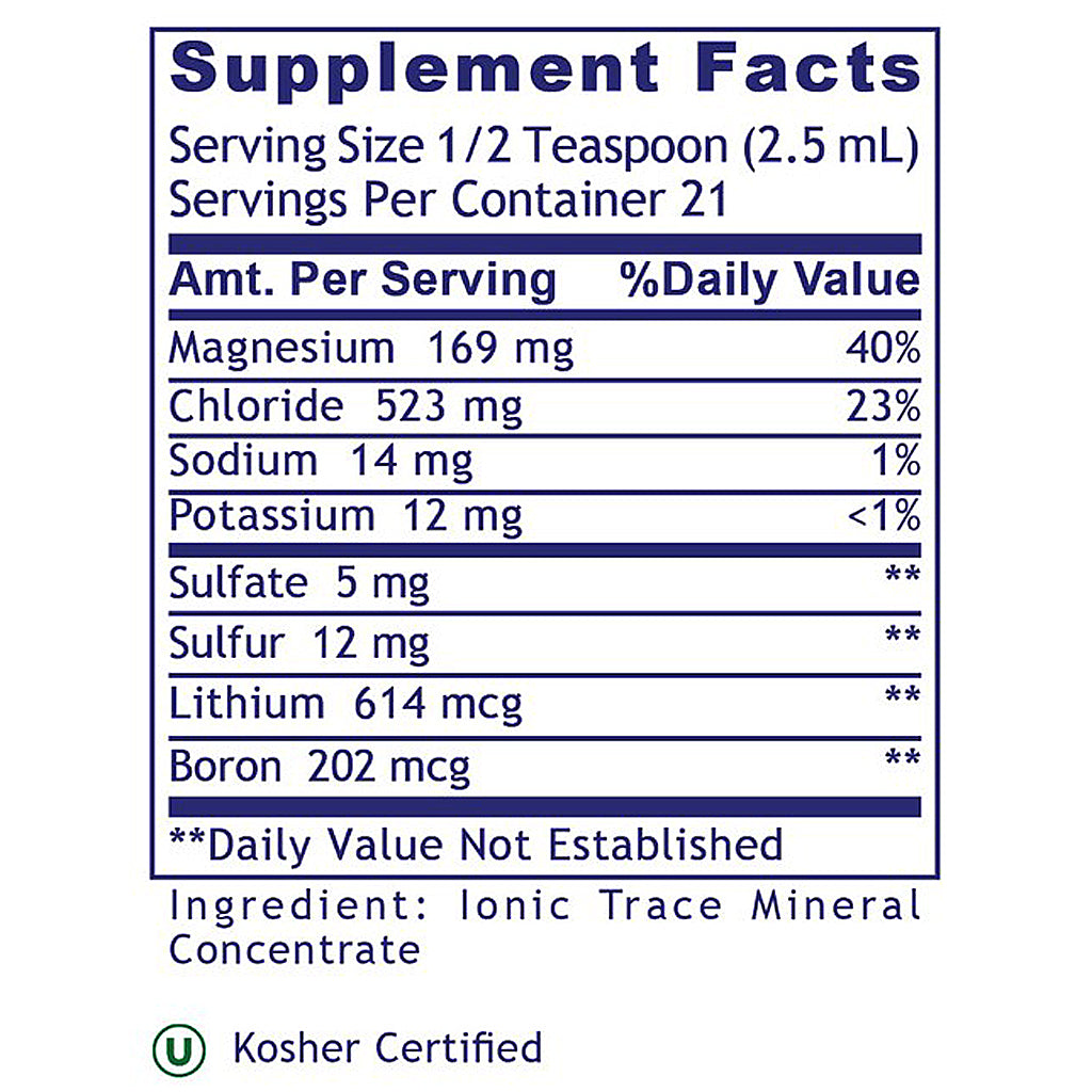 A Supplement Facts label showing a mineral supplement nutrition table with magnesium, chloride, sodium, potassium, sulfate, sulfur, lithium, and boron listed with daily value percentages. Kosher Certified text appears at the bottom.
