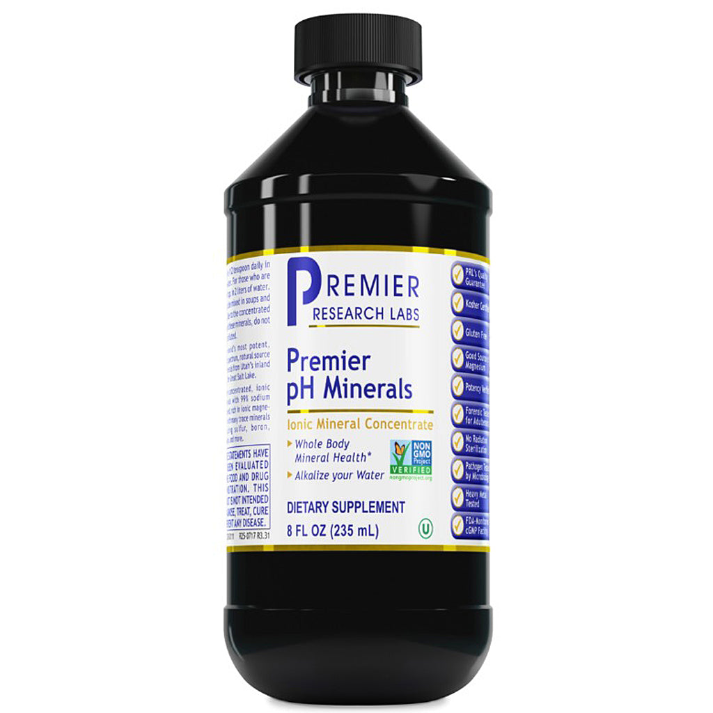 A black plastic bottle of Premier Research Labs Premier pH Minerals dietary supplement, featuring a white, blue, and yellow label, on a solid white background.