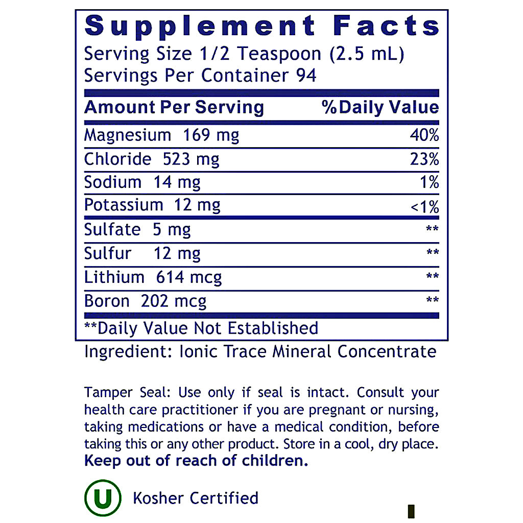 A supplement facts label for an ionic trace mineral concentrate, showing a white background with blue text and borders. The label lists ingredients such as magnesium, chloride, sodium, sulfate, sulfur, lithium, and boron, along with serving size and daily value percentages.