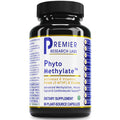 A bottle of Premier Research Labs Phyto Methylate dietary supplement, containing 60 plant-source capsules. The product is in a black plastic bottle with a black ribbed cap, featuring a white label with blue and yellow text and accents.