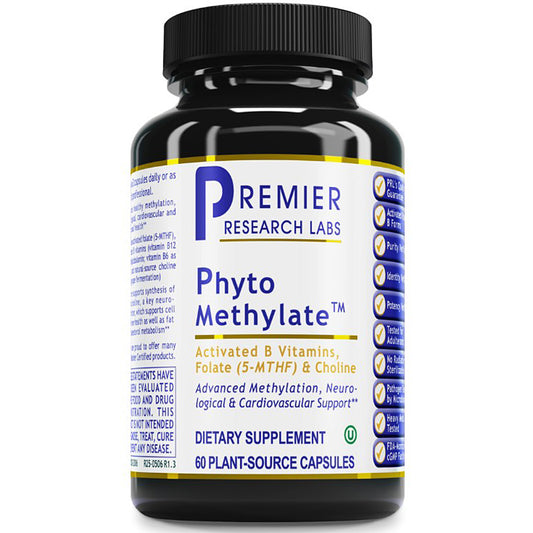 A bottle of Premier Research Labs Phyto Methylate dietary supplement, containing 60 plant-source capsules. The product is in a black plastic bottle with a black ribbed cap, featuring a white label with blue and yellow text and accents.