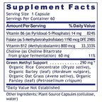 A supplement facts label showing a serving size of 1 capsule, with listed nutrients including Vitamin B6, Folate, and Vitamin B12, plus a section for Green Methyl Support ingredients such as organic rice concentrate, barley leaf, oat grass, and parsley. The label is presented on a white background with dark blue text and lines.