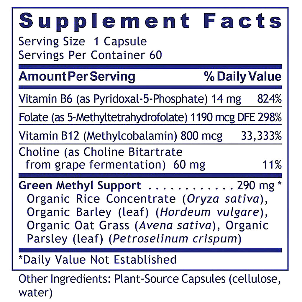 A supplement facts label showing a serving size of 1 capsule, with listed nutrients including Vitamin B6, Folate, and Vitamin B12, plus a section for Green Methyl Support ingredients such as organic rice concentrate, barley leaf, oat grass, and parsley. The label is presented on a white background with dark blue text and lines.