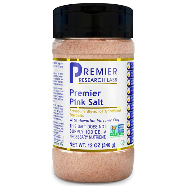 Jar of Premier Pink Salt with black lid on a white background