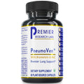A black plastic bottle of Premier Research Labs PneumoVen dietary supplement with a white, blue, and gold label, containing 60 plant-source capsules.