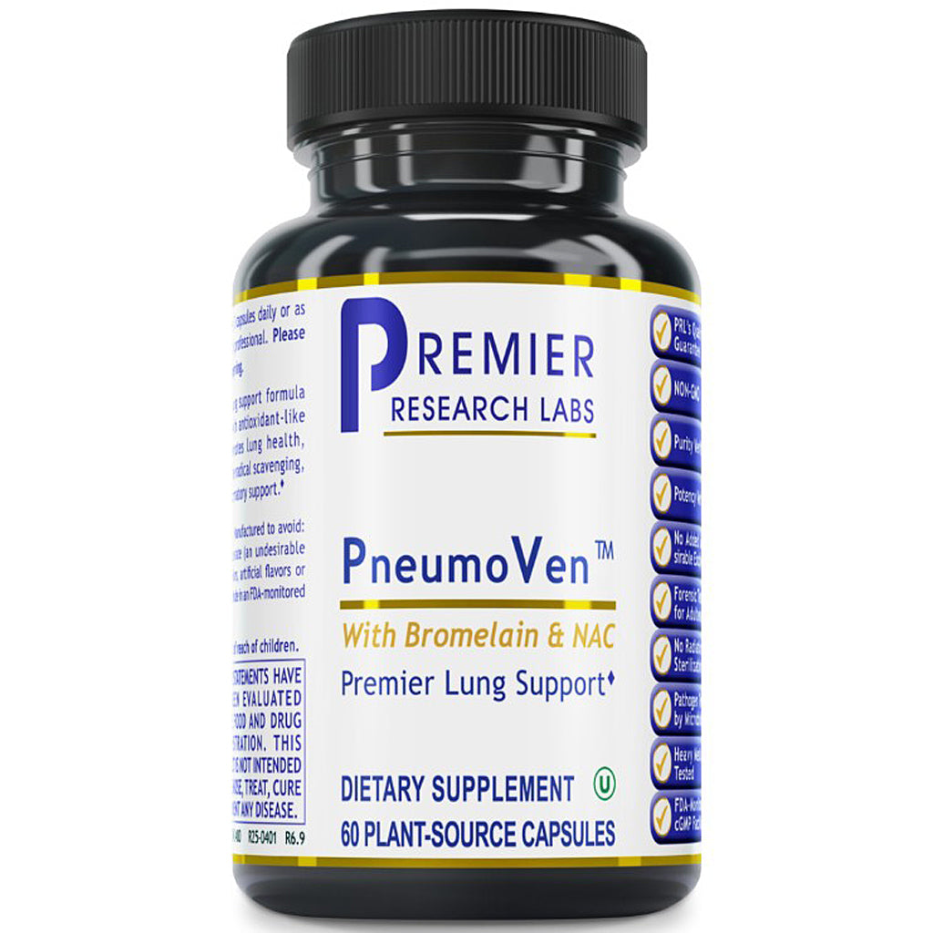 A black plastic bottle of Premier Research Labs PneumoVen dietary supplement with a white, blue, and gold label, containing 60 plant-source capsules.