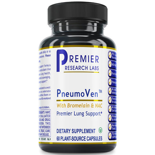A black plastic bottle of Premier Research Labs PneumoVen dietary supplement with a white, blue, and gold label, containing 60 plant-source capsules.