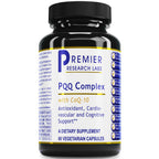 A black plastic bottle of Premier Research Labs PQQ Complex dietary supplement with a white and blue label, shown on a plain white background.