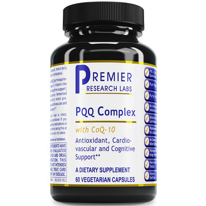 A black plastic bottle of Premier Research Labs PQQ Complex dietary supplement with a white and blue label, shown on a plain white background.