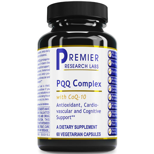 A black plastic bottle of Premier Research Labs PQQ Complex dietary supplement with a white and blue label, shown on a plain white background.