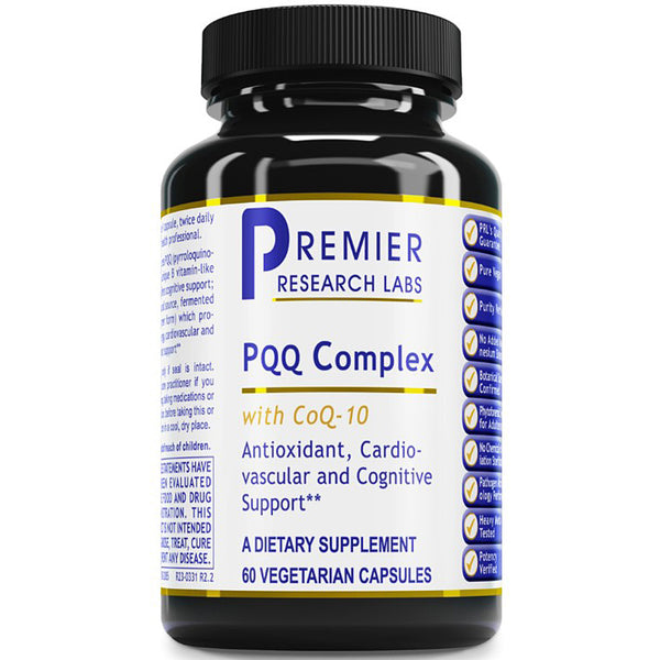 A black plastic bottle of Premier Research Labs PQQ Complex dietary supplement with a white and blue label, shown on a plain white background.