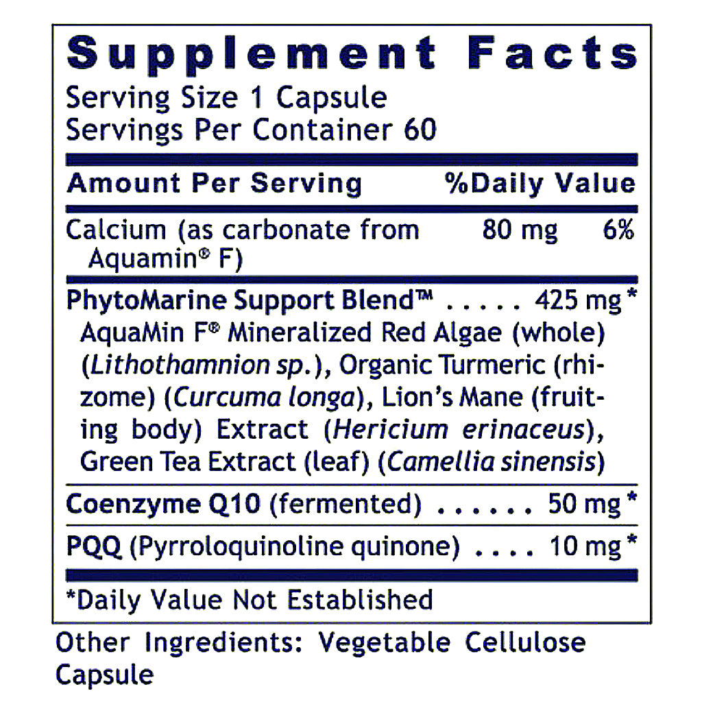 A close-up of a supplement facts label showing the Supplement Facts panel for Aquamin F, with text listing serving size, servings per container, calcium amount, and ingredients including PhytoMarine Support Blend, Coenzyme Q10, and PQK.