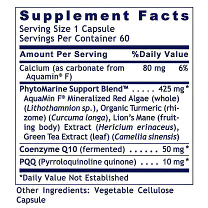 A close-up of a supplement facts label showing the Supplement Facts panel for Aquamin F, with text listing serving size, servings per container, calcium amount, and ingredients including PhytoMarine Support Blend, Coenzyme Q10, and PQK.