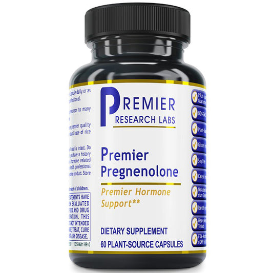 A black plastic bottle of Premier Research Labs Premier Pregnenolone dietary supplement with a white label and black cap, shown on a plain white background.