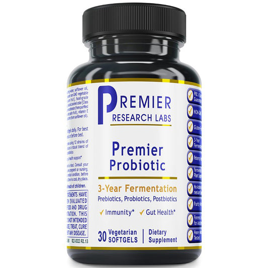 Bottle of Premier Probiotic supplement with label on a white background