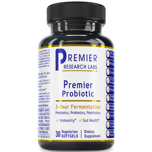 Bottle of Premier Probiotic supplement with label on a white background