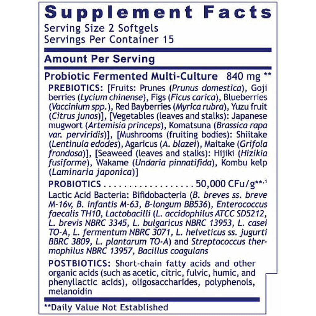Supplement facts label for a probiotic product with ingredients listed.