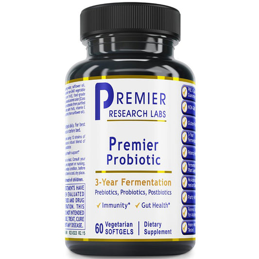 Bottle of Premier Probiotic supplement with label on a white background