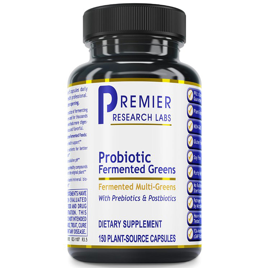 A black plastic bottle of Premier Research Labs Probiotic Fermented Greens dietary supplement, featuring a white label with blue and gold text and accents, set against a plain white background.
