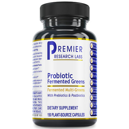 A black plastic bottle of Premier Research Labs Probiotic Fermented Greens dietary supplement, featuring a white label with blue and gold text and accents, set against a plain white background.