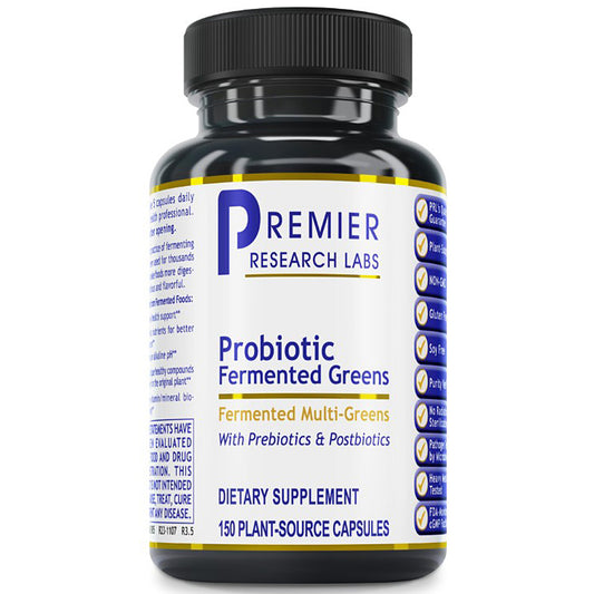 A black plastic bottle of Premier Research Labs Probiotic Fermented Greens dietary supplement, featuring a white label with blue and gold text and accents, set against a plain white background.