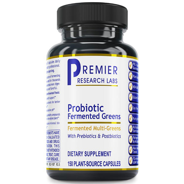 A black plastic bottle of Premier Research Labs Probiotic Fermented Greens dietary supplement, featuring a white label with blue and gold text and accents, set against a plain white background.