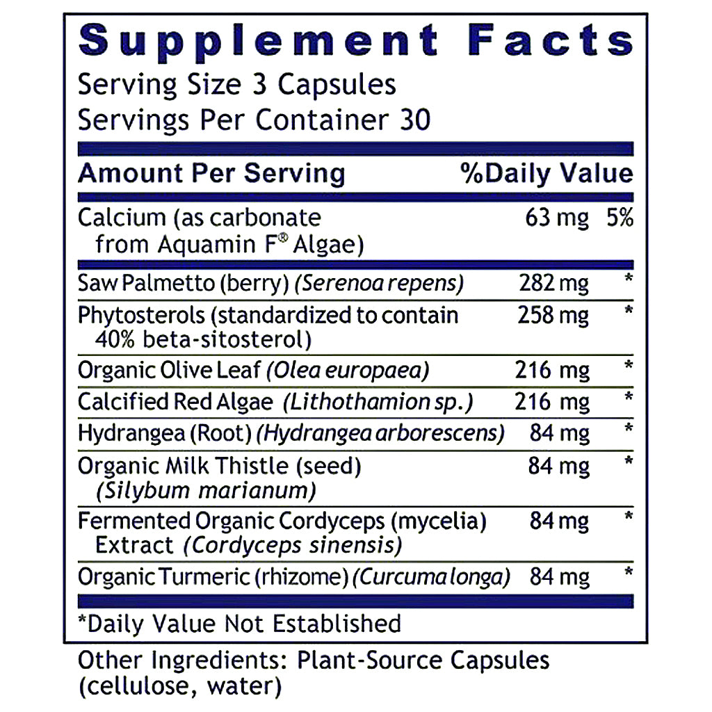 A supplement facts label showing a list of ingredients and daily values, including Calcium, Saw Palmetto (berry), Phytosterols, Organic Olive Leaf, Calcified Red Algae, Hydrangea (Root), Organic Milk Thistle (seed), and Organic Turmeric (rhizome).