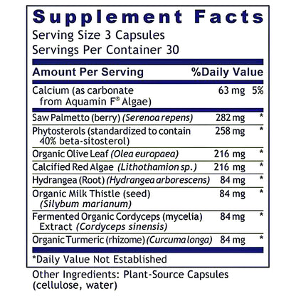 A supplement facts label showing a list of ingredients and daily values, including Calcium, Saw Palmetto (berry), Phytosterols, Organic Olive Leaf, Calcified Red Algae, Hydrangea (Root), Organic Milk Thistle (seed), and Organic Turmeric (rhizome).