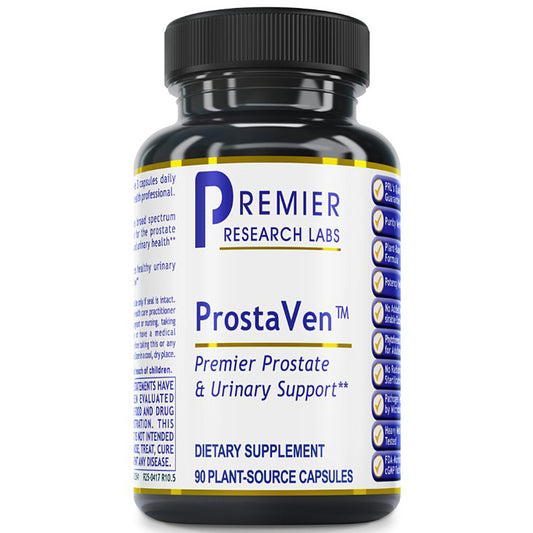 A black plastic bottle of Premier Research Labs ProstaVen dietary supplement with a white label and blue text, set against a plain white background.