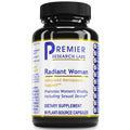 A black plastic bottle of Premier Research Labs Radiant Woman dietary supplement with a white, blue, and yellow label, set against a plain white background.
