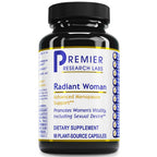 A black plastic bottle of Premier Research Labs Radiant Woman dietary supplement with a white, blue, and yellow label, set against a plain white background.