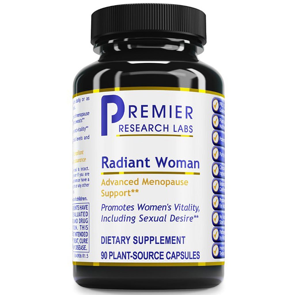 A black plastic bottle of Premier Research Labs Radiant Woman dietary supplement with a white, blue, and yellow label, set against a plain white background.