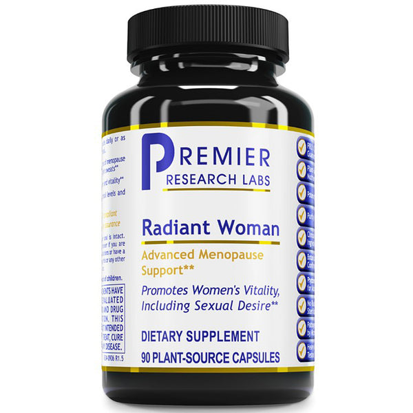 A black plastic bottle of Premier Research Labs Radiant Woman dietary supplement with a white, blue, and yellow label, set against a plain white background.