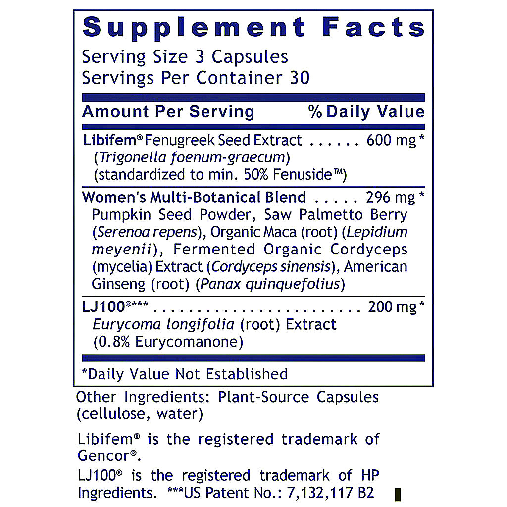 A supplement facts label for a women's multi-botanical blend, showing serving size 3 capsules and a list of ingredients including Libifem, pumpkin seed powder, organic maca, cordyceps, American ginseng, and Eurycoma longifolia. The label has a white background with dark blue text and horizontal blue divider lines.