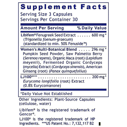 A supplement facts label for a women's multi-botanical blend, showing serving size 3 capsules and a list of ingredients including Libifem, pumpkin seed powder, organic maca, cordyceps, American ginseng, and Eurycoma longifolia. The label has a white background with dark blue text and horizontal blue divider lines.