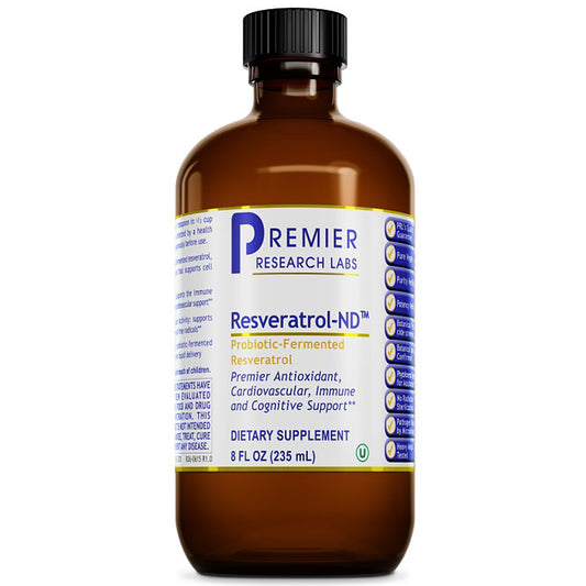 An 8 fl oz amber glass bottle of Premier Research Labs Resveratrol-ND dietary supplement with a black cap and a white, blue, and yellow label, shown on a white background.