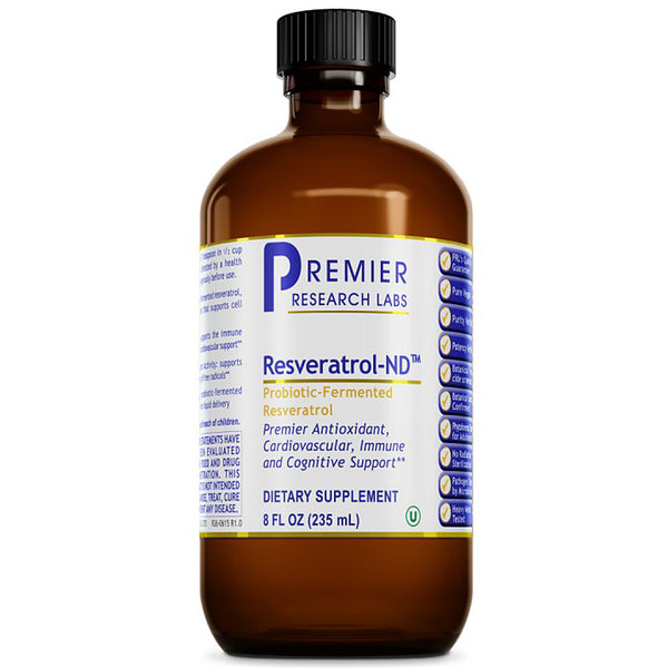 An 8 fl oz amber glass bottle of Premier Research Labs Resveratrol-ND dietary supplement with a black cap and a white, blue, and yellow label, shown on a white background.