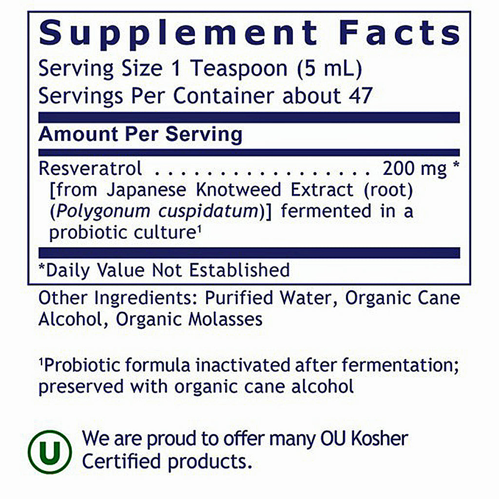 Supplement Facts label for a resveratrol supplement, showing serving size of 1 teaspoon (5 mL), 47 servings per container, and ingredients including resveratrol 200 mg. The label also notes other ingredients and a kosher certification mark.