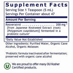 Supplement Facts label for a resveratrol supplement, showing serving size of 1 teaspoon (5 mL), 47 servings per container, and ingredients including resveratrol 200 mg. The label also notes other ingredients and a kosher certification mark.