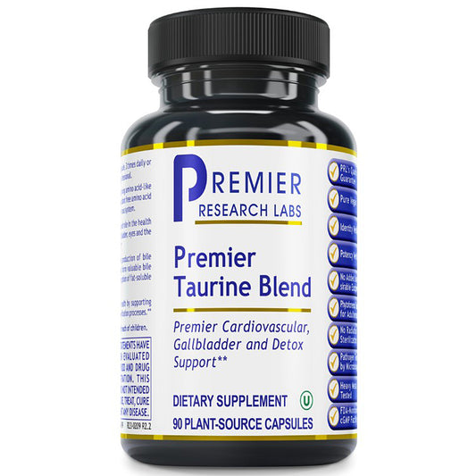 A black plastic bottle of Premier Research Labs Premier Taurine Blend dietary supplement with a white label and black cap, shown on a plain white background.