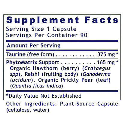 A supplement facts label with a white background and dark blue text, showing serving size 1 capsule, 90 servings per container, and ingredients including Taurine and PhytoMatrix Support.