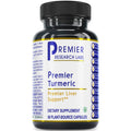 A black plastic bottle of Premier Research Labs Premier Turmeric dietary supplement with a white label, blue and gold text, and a black ribbed cap, shown on a plain white background.