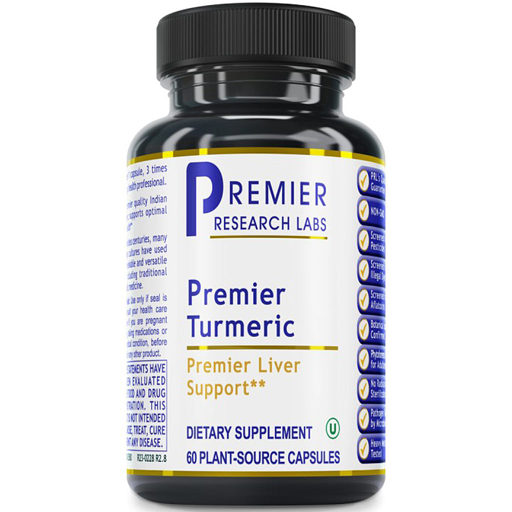 A black plastic bottle of Premier Research Labs Premier Turmeric dietary supplement with a white label, blue and gold text, and a black ribbed cap, shown on a plain white background.