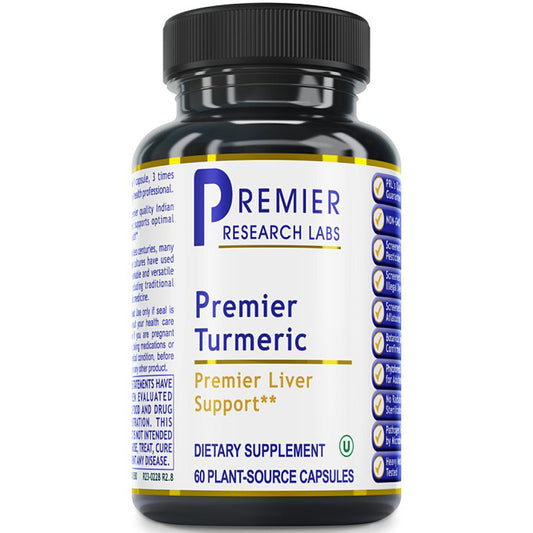 A black plastic bottle of Premier Research Labs Premier Turmeric dietary supplement with a white label, blue and gold text, and a black ribbed cap, shown on a plain white background.