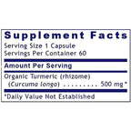A supplement facts label showing text for a capsule product with organic turmeric (curcuma longa) 500 mg, on a white background.