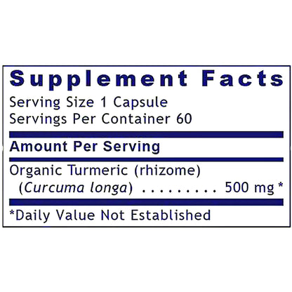 A supplement facts label showing text for a capsule product with organic turmeric (curcuma longa) 500 mg, on a white background.