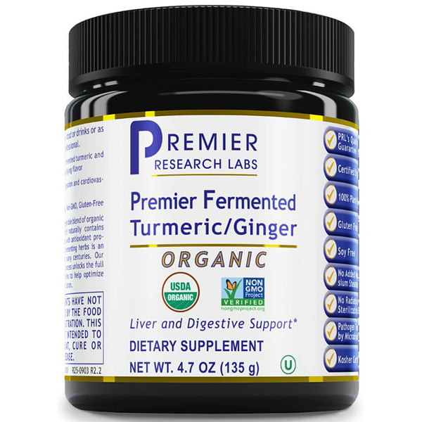 A black plastic bottle of Premier Research Labs Organic Premier Fermented Turmeric/Ginger dietary supplement, featuring a white label with blue and gold text and logos.