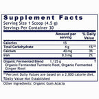 A Supplement Facts label from a supplement box, showing serving size 1 scoop (4.5 g), 30 servings per container, with listed nutrients including calories, total carbohydrate, calcium, and iron, plus organic fermented blend and other ingredients.